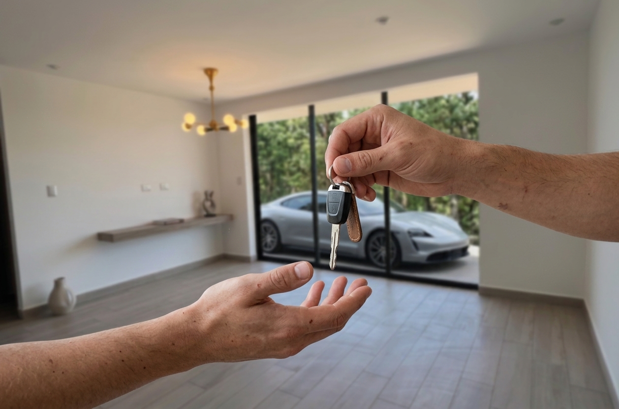 Entrega de las llaves de un vehículo, de mano a mano, con una propiedad de fondo