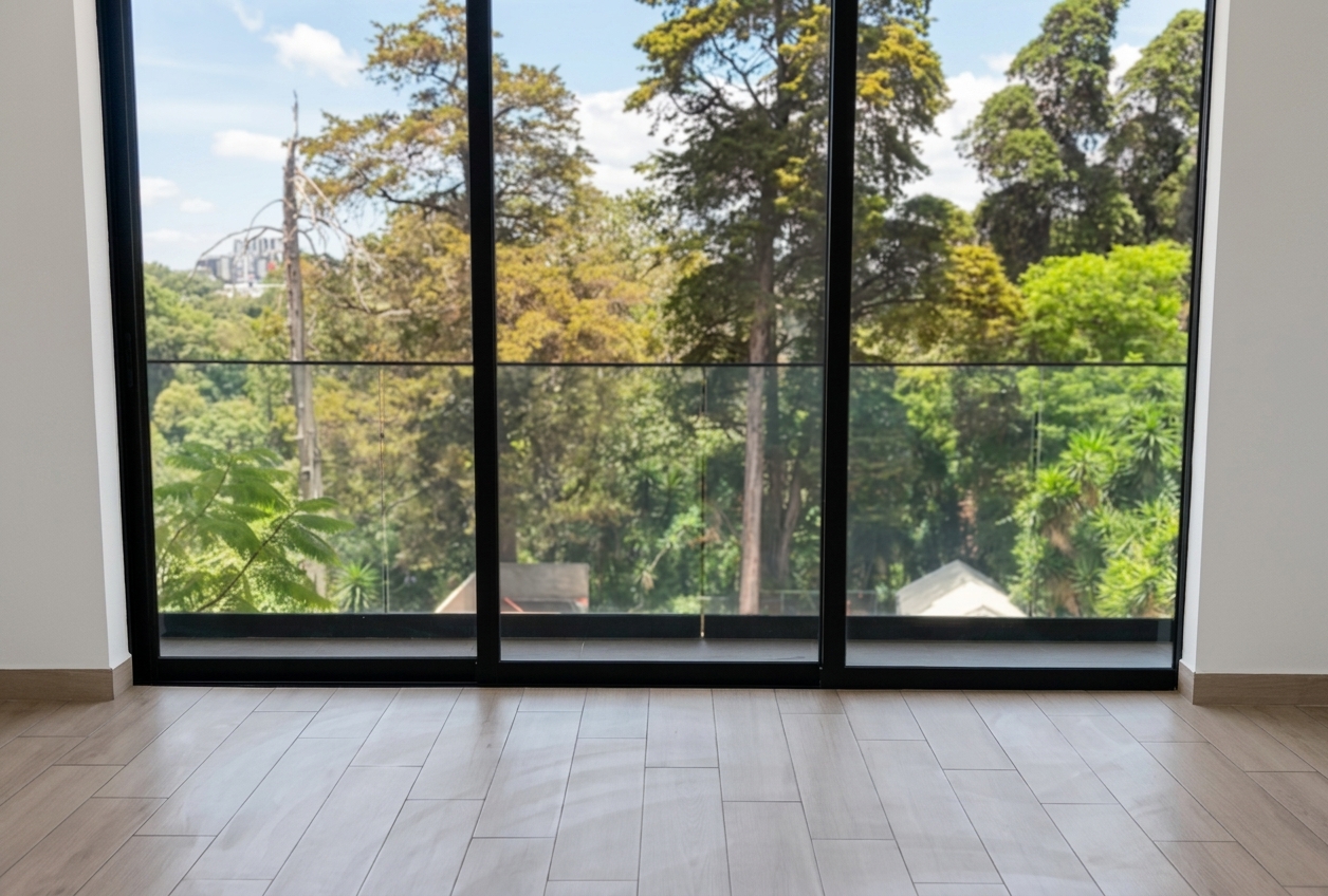 Sala de un apartamento con ventanales de piso a techo y vista a árboles, uno de los inmuebles seleccionados por Compra Segura GT